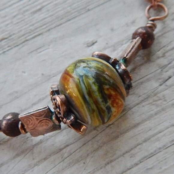 VIKING WEAVE BRACELET - Copper with Lampwork Bead - Maple Leaf Charm - Handmade - Picture 7 of 9